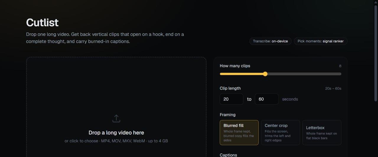 Cutlist upload screen with clip settings