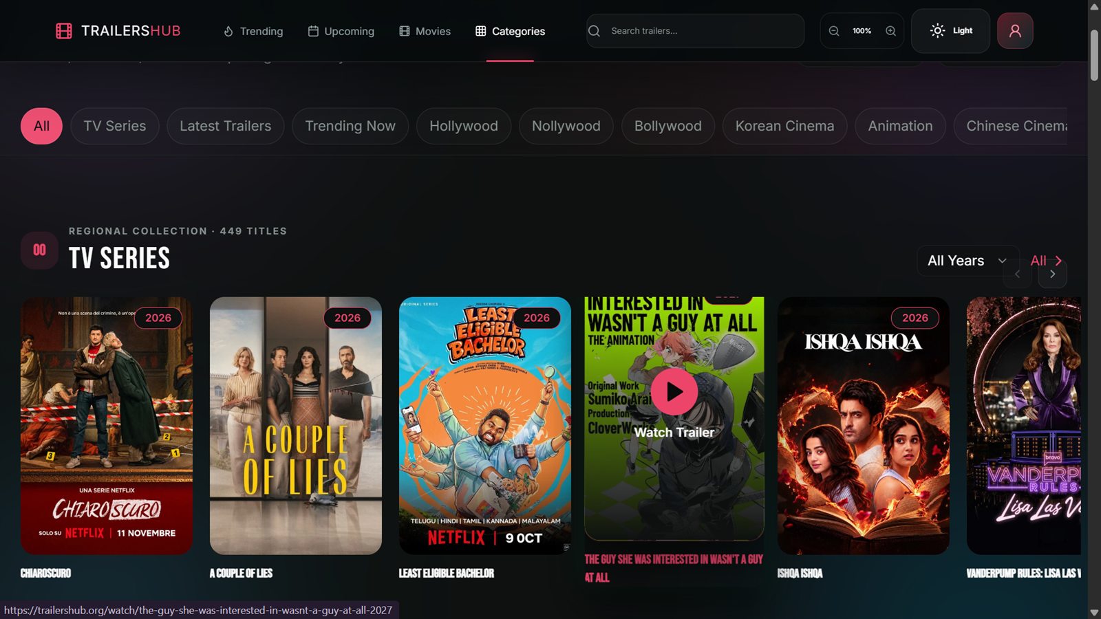 TrailersHub home page with categories and trailer posters